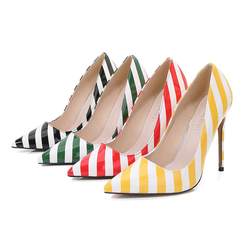 Ladies Stripes Pointed Toe Shallow Stiletto Heel Pumps