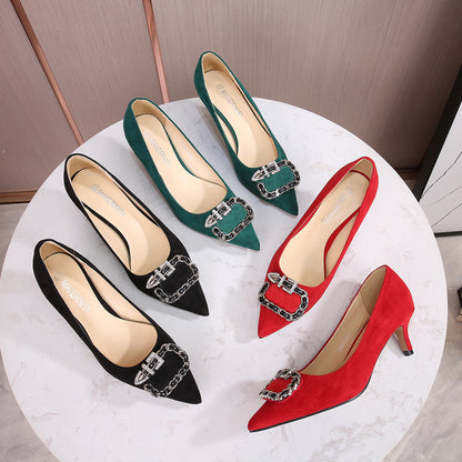 Ladies Metal Chains Buckles Pointed Toe Shallow Stiletto Heel Pumps