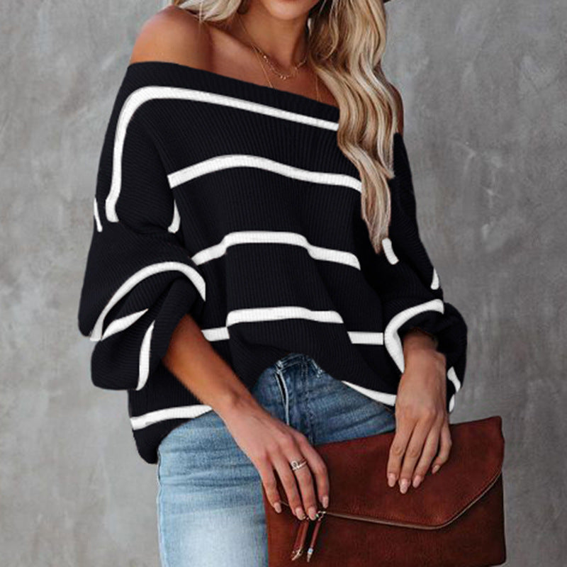 Ladies Sweaters Kniting Pullover Stripes Off Shoulder Long Sleeve