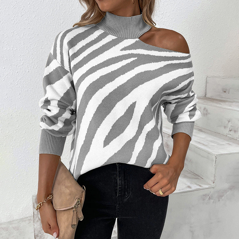 Ladies Sweaters Kniting High Collar Pullover Bicolor Tiger Off Shoulder Long Sleeve