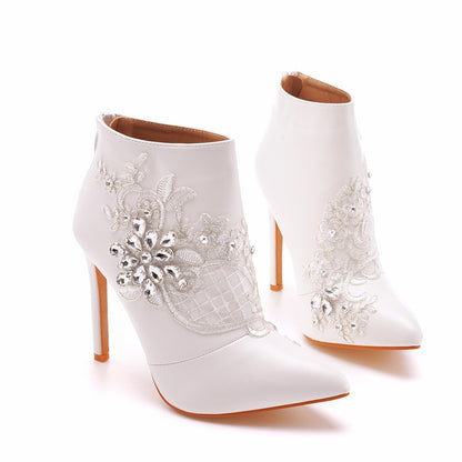 Women Stiletto Heel Pointed Toe Lace Rhinestone Wedding Short Boots