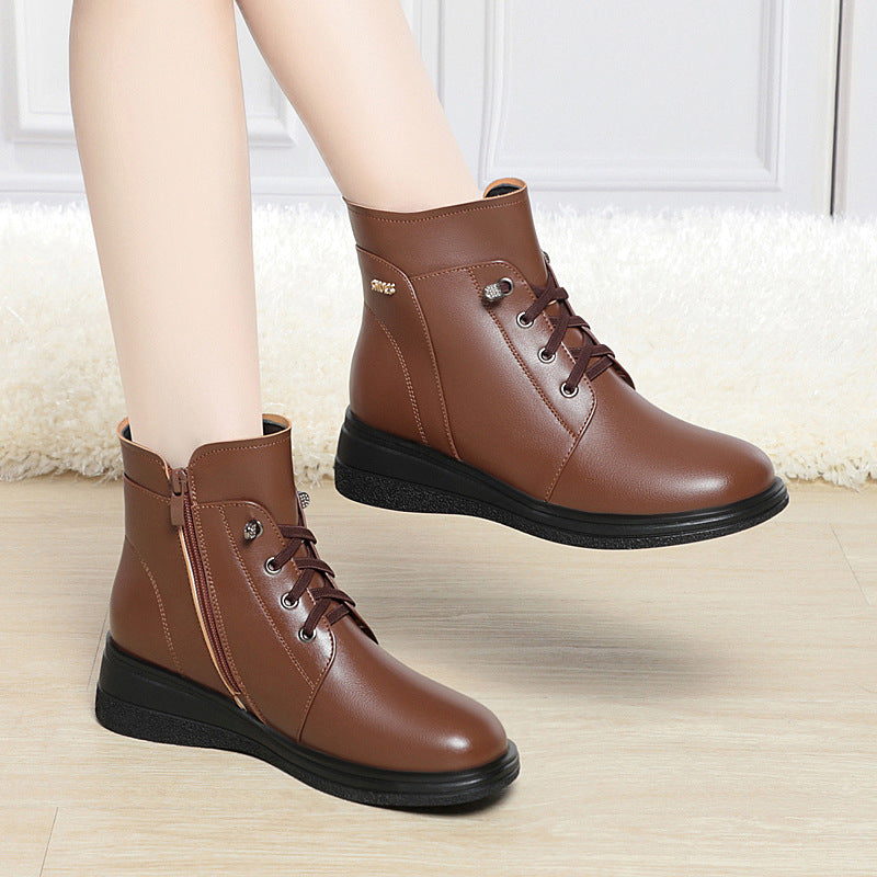 Ankle Boots Lace-Up Warm Fluff Wedge Heel Booties for Women