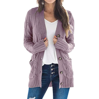 Cardigans Kniting Plain Twist Buttons Pockets Long Sleeves for Women