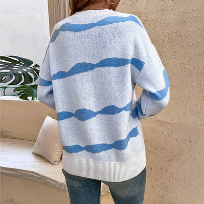 Ladies Sweaters Kniting Round Collar Pullover Bicolor Stripes