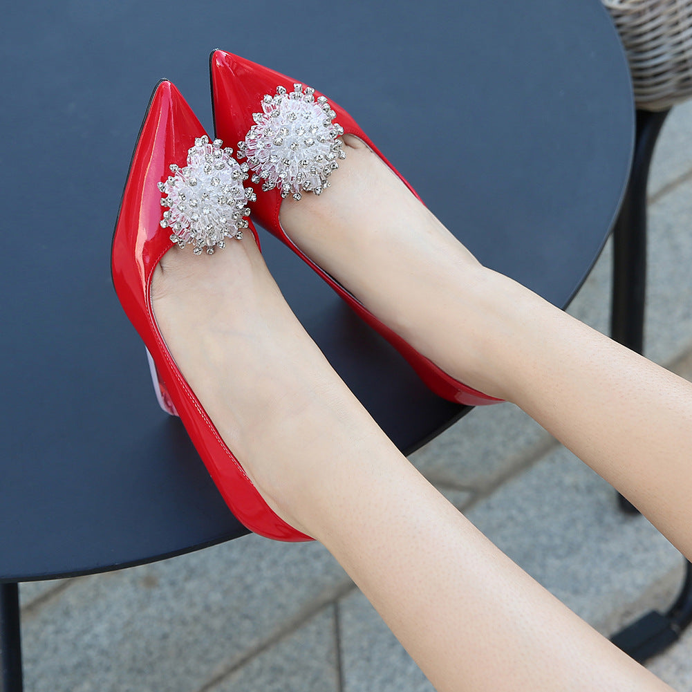 Ladies Candy Color Pointed Toe Rhinestone Flora Shallow Crystal Spool Heel Pumps