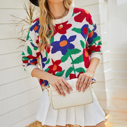 Ladies Sweaters Kniting Round Collar Pullover Bicolor Flowers