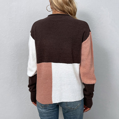 Ladies Sweaters Kniting Round Collar Pullover Bicolor Color Blocking