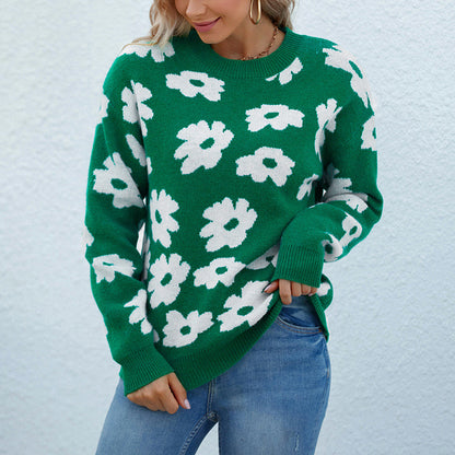 Ladies Sweaters Kniting Round Collar Pullover Bicolor Flowers Long Sleeve