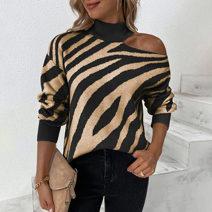 Ladies Sweaters Kniting High Collar Pullover Bicolor Tiger Off Shoulder Long Sleeve