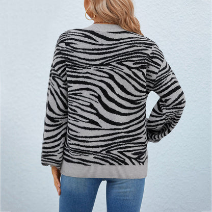 Ladies Sweaters Kniting Round Collar Pullover Bicolor Tiger Long Sleeve