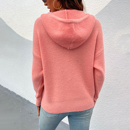 Ladies Sweaters Kniting Round Collar Pullover Plain Hoods Pockets