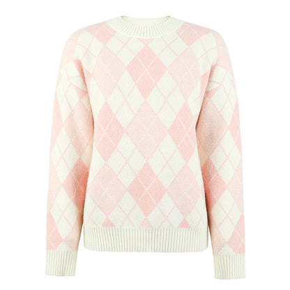 Ladies Sweaters Kniting Round Collar Pullover Bicolor Lattice