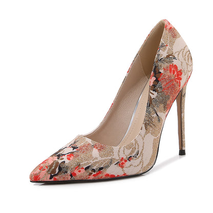 Ladies Embroidery Flora Pointed Toe Shallow Stiletto Heel Pumps