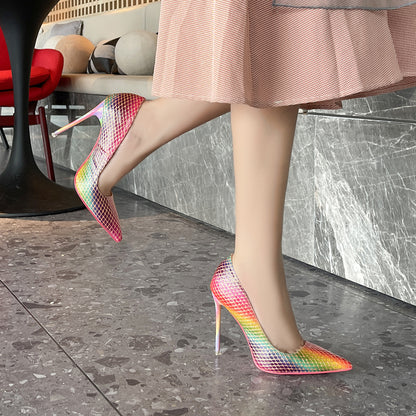 Ladies Candy Color Pointed Toe Lattice Shallow Stiletto Heel Pumps