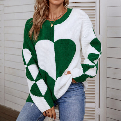 Ladies Sweaters Kniting Round Collar Pullover Bicolor Love Hearts Long Sleeve