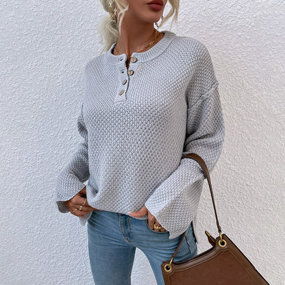 Ladies Sweaters Kniting Round Collar Pullover Plain Buttons