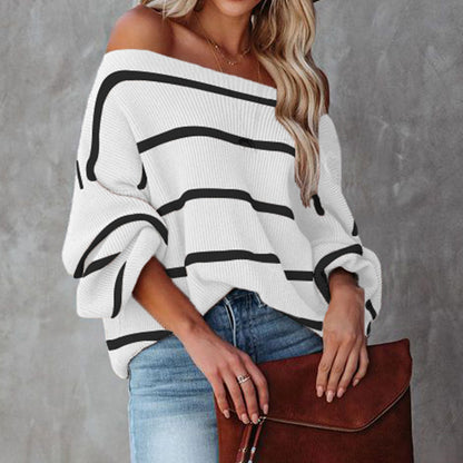 Ladies Sweaters Kniting Pullover Stripes Off Shoulder Long Sleeve