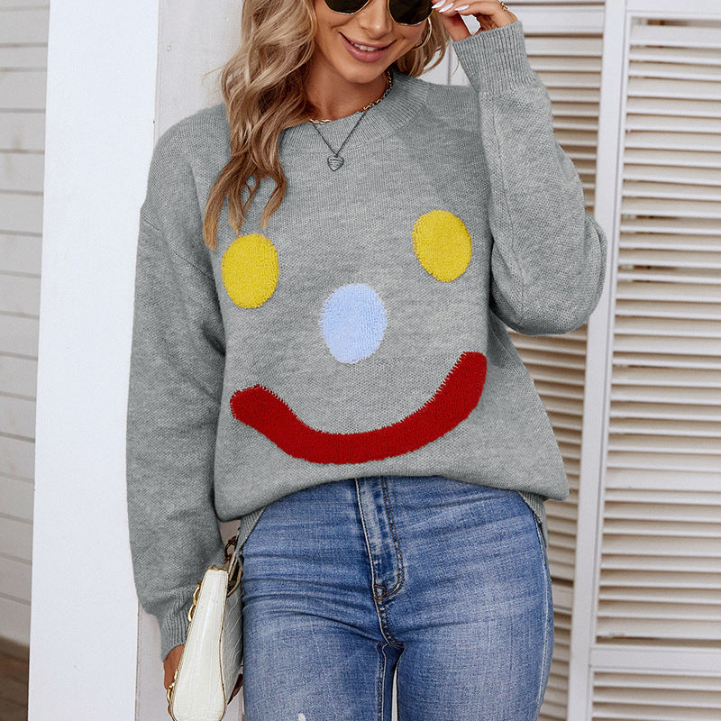 Ladies Sweaters Kniting Round Collar Pullover Clown Smiling Face Long Sleeve