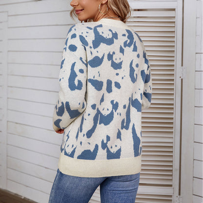 Ladies Sweaters Kniting Round Collar Pullover Bicolor Cows Printed Long Sleeve