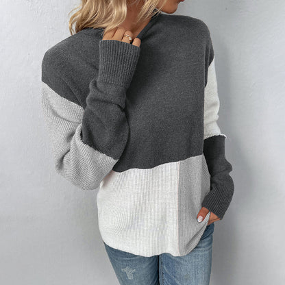 Ladies Sweaters Kniting Round Collar Pullover Bicolor Color Blocking