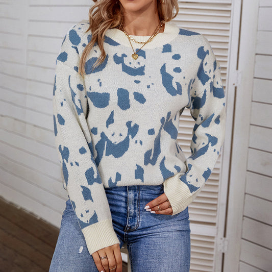 Ladies Sweaters Kniting Round Collar Pullover Bicolor Cows Printed Long Sleeve