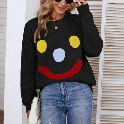 Ladies Sweaters Kniting Round Collar Pullover Clown Smiling Face Long Sleeve