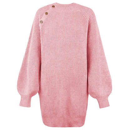 Ladies Sweaters Kniting Round Collar Pullover Long Buttons Skirts