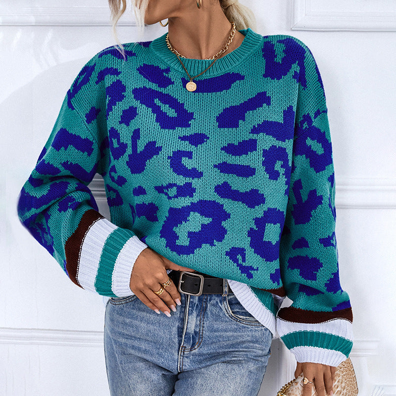 Ladies Sweaters Kniting Round Collar Pullover Bicolor Leopard Patterns