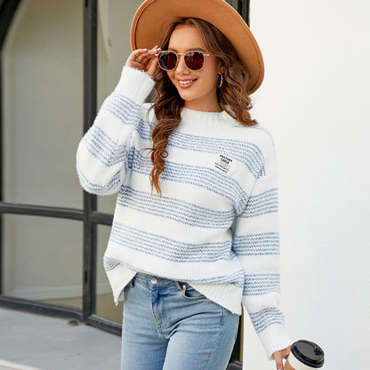 Ladies Sweaters Kniting Round Collar Pullover Bicolor Stripes