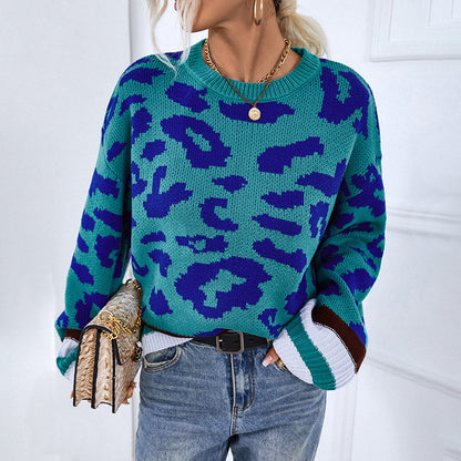 Ladies Sweaters Kniting Round Collar Pullover Bicolor Leopard Patterns