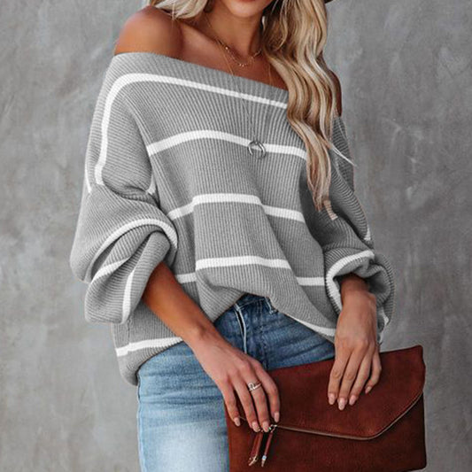 Ladies Sweaters Kniting Pullover Stripes Off Shoulder Long Sleeve