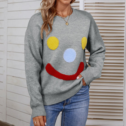 Ladies Sweaters Kniting Round Collar Pullover Clown Smiling Face Long Sleeve