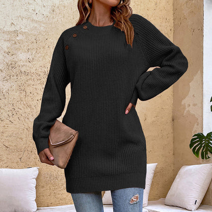 Ladies Sweaters Kniting Round Collar Pullover Long Buttons Skirts