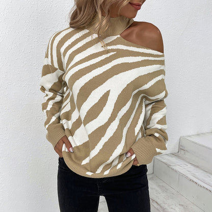 Ladies Sweaters Kniting High Collar Pullover Bicolor Tiger Off Shoulder Long Sleeve