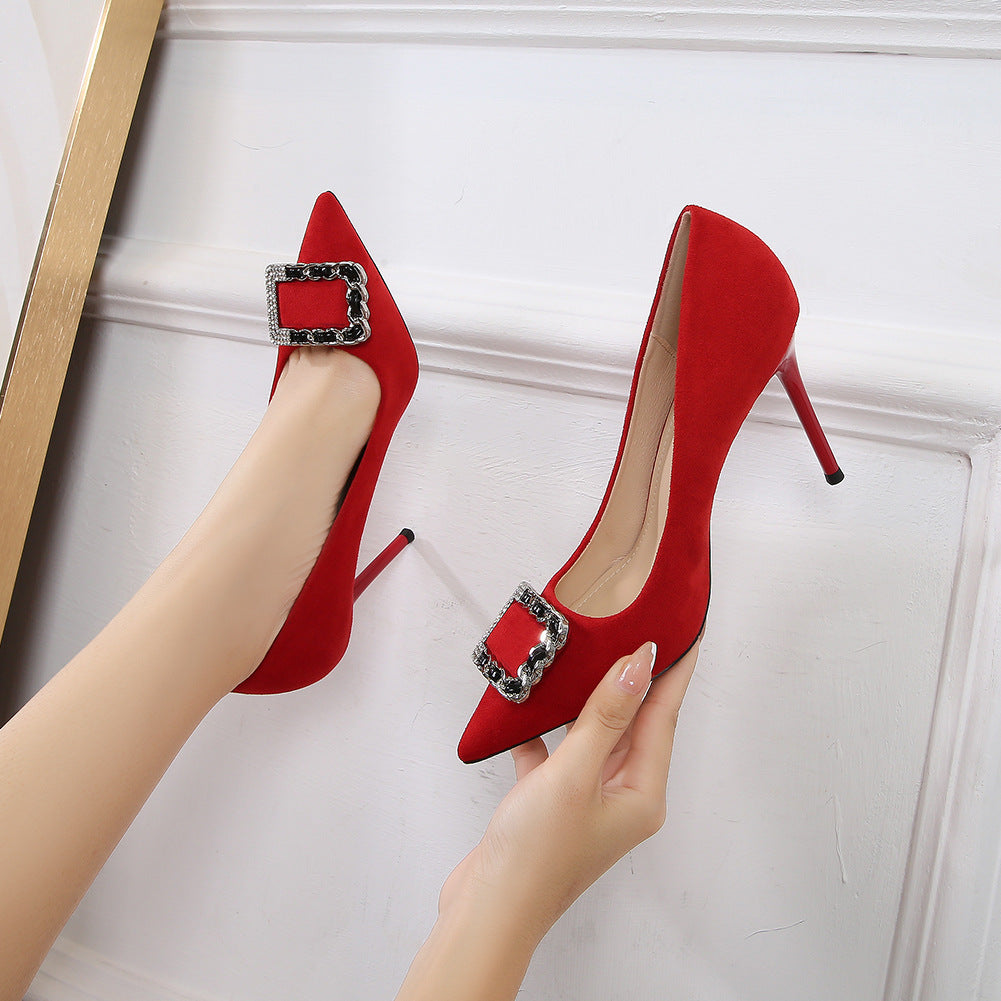 Ladies Pointed Toe Rhinestone Square Buckles Shallow Stiletto Heel Pumps