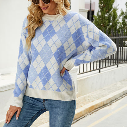 Ladies Sweaters Kniting Round Collar Pullover Bicolor Lattice