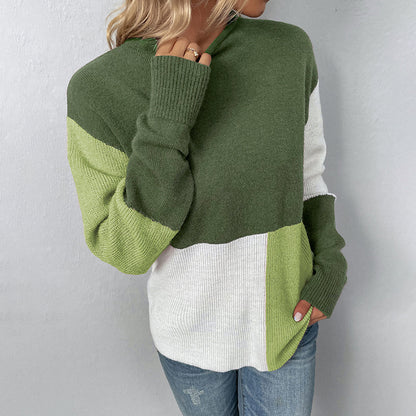 Ladies Sweaters Kniting Round Collar Pullover Bicolor Color Blocking