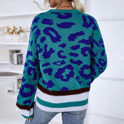 Ladies Sweaters Kniting Round Collar Pullover Bicolor Leopard Patterns