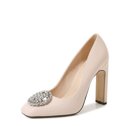 Ladies Rhinestone Shallow Chunky Heel Pumps