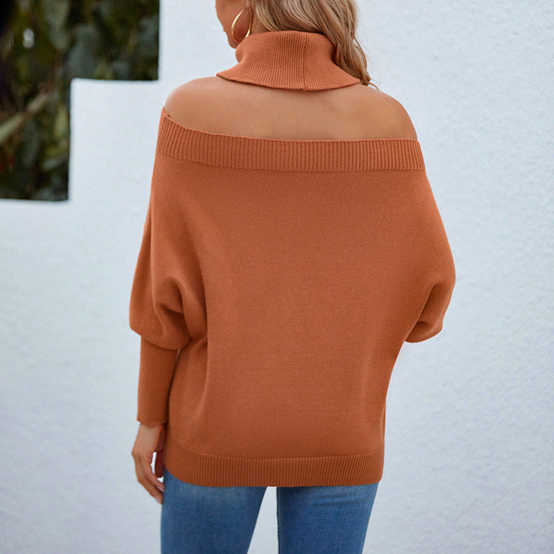 Ladies Sweaters Kniting High Collar Pullover Off Shoulder Long Sleeve