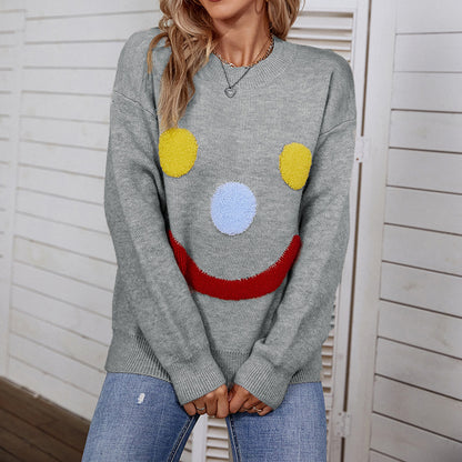 Ladies Sweaters Kniting Round Collar Pullover Clown Smiling Face Long Sleeve