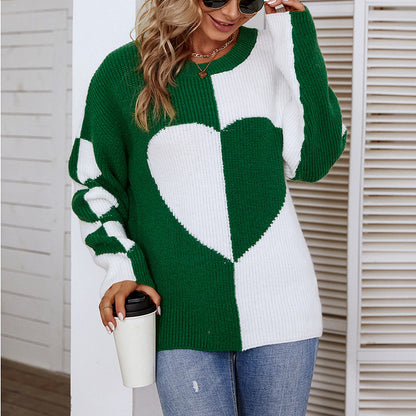 Ladies Sweaters Kniting Round Collar Pullover Bicolor Love Hearts Long Sleeve