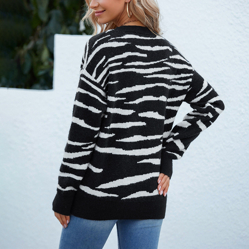 Ladies Sweaters Kniting Round Bows Pullover Zebra Long Sleeves