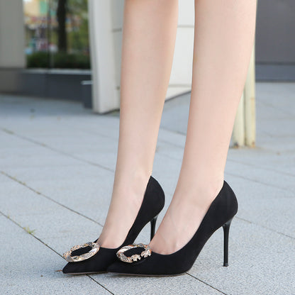 Ladies Pointed Toe Metal Buckles Shallow Stiletto Heel Pumps