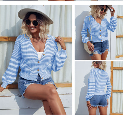 Ladies Knitwear Stripes Single Breasted Sweater Coats