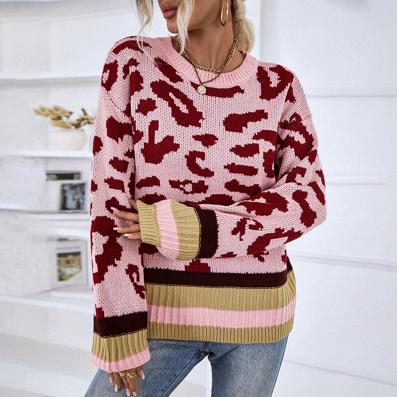 Ladies Sweaters Kniting Round Collar Pullover Bicolor Leopard Patterns