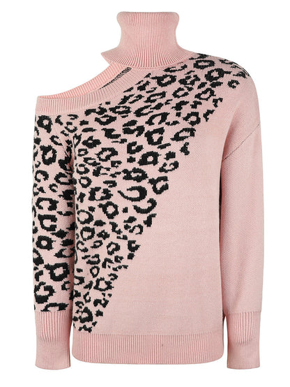 Ladies Sweaters Kniting Round Collar Pullover Leopard Off Shoulder