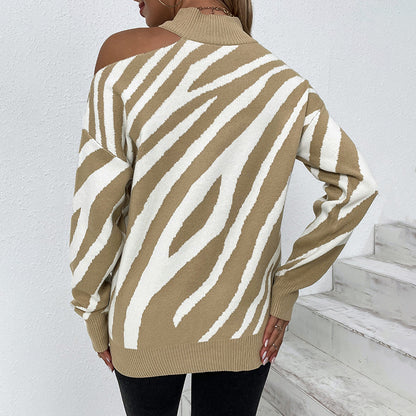 Ladies Sweaters Kniting High Collar Pullover Bicolor Tiger Off Shoulder Long Sleeve