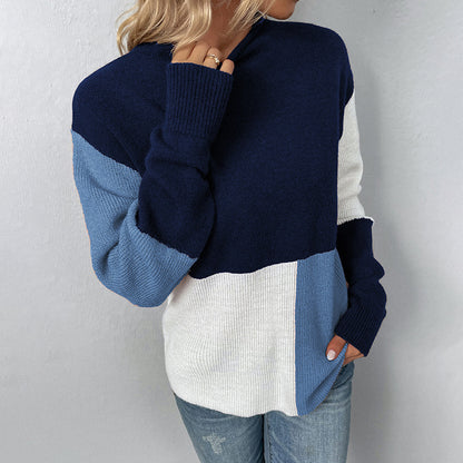 Ladies Sweaters Kniting Round Collar Pullover Bicolor Color Blocking