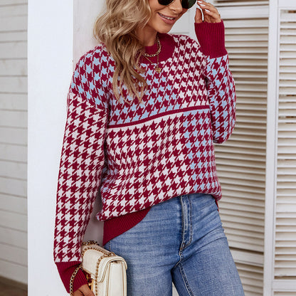 Ladies Sweaters Kniting Round Collar Pullover Bicolor Lattice Long Sleeve